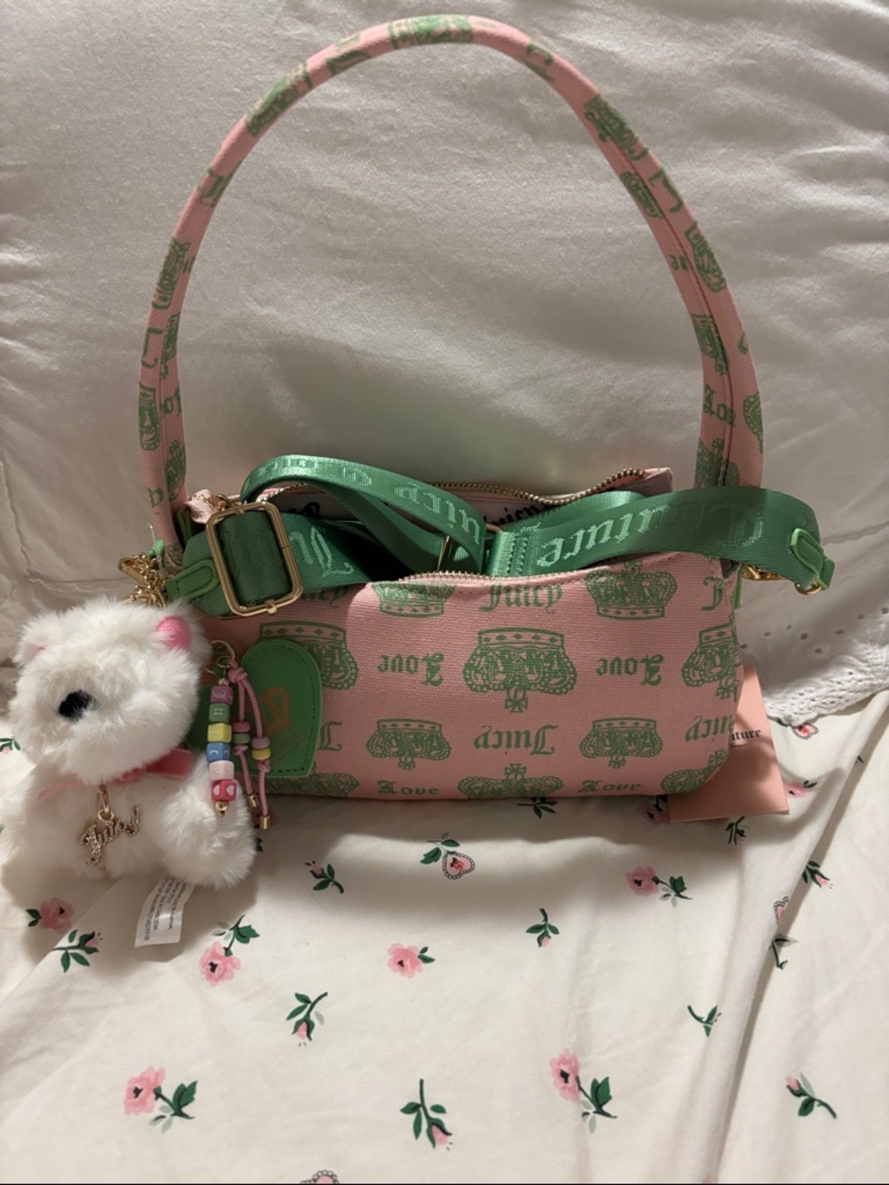 Juicy Couture Pink and Green Logo Mini Shoulder Bag with Charm